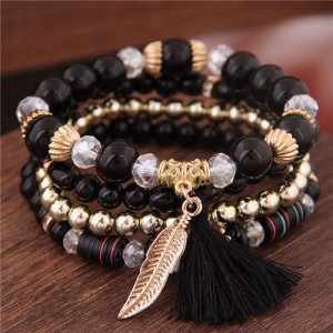 Alloy Feather Pendant Multi-layer High Fashion Women Beads Bracelet - Black
