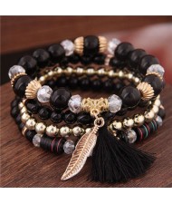 Alloy Feather Pendant Multi-layer High Fashion Women Beads Bracelet - Black