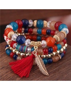 Alloy Feather Pendant Multi-layer High Fashion Women Beads Bracelet - Multicolor