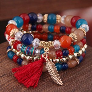 Alloy Feather Pendant Multi-layer High Fashion Women Beads Bracelet - Multicolor