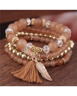 Alloy Feather Pendant Multi-layer High Fashion Women Beads Bracelet - Brown