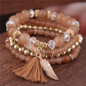 Alloy Feather Pendant Multi-layer High Fashion Women Beads Bracelet - Brown