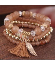 Alloy Feather Pendant Multi-layer High Fashion Women Beads Bracelet - Brown