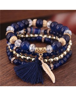 Alloy Feather Pendant Multi-layer High Fashion Women Beads Bracelet - Royal Blue