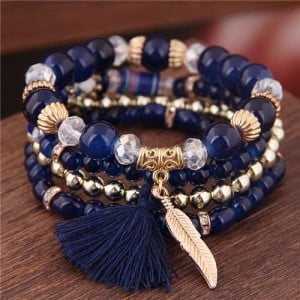 Alloy Feather Pendant Multi-layer High Fashion Women Beads Bracelet - Royal Blue