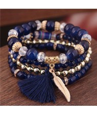 Alloy Feather Pendant Multi-layer High Fashion Women Beads Bracelet - Royal Blue