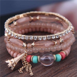 Tower Pendant Decorated Multi-layer Acrylic Beads Women Fashion Bracelet - Brown