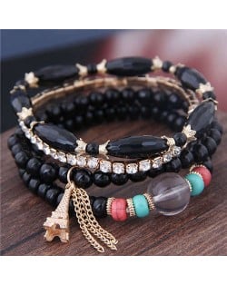 Tower Pendant Decorated Multi-layer Acrylic Beads Women Fashion Bracelet - Black