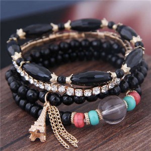 Tower Pendant Decorated Multi-layer Acrylic Beads Women Fashion Bracelet - Black