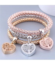 Triple Hearts Pendants Studs Alloy Women Fashion Bracelets Combo