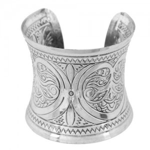 Vintage Folk Image Engraving Design Wide Fashion Open Style Alloy Women Bangle - Silver