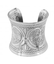 Vintage Folk Image Engraving Design Wide Fashion Open Style Alloy Women Bangle - Silver