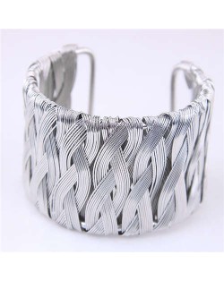 Weaving Pattern Super Wide Design Open Style Alloy Women Bangle - Silver