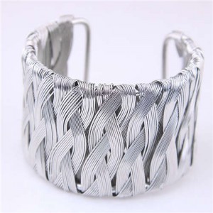 Weaving Pattern Super Wide Design Open Style Alloy Women Bangle - Silver