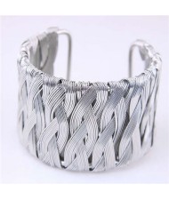 Weaving Pattern Super Wide Design Open Style Alloy Women Bangle - Silver