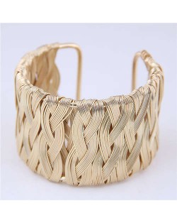 Weaving Pattern Super Wide Design Open Style Alloy Women Bangle - Golden