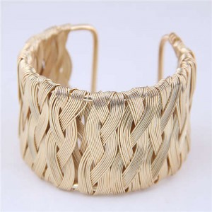 Weaving Pattern Super Wide Design Open Style Alloy Women Bangle - Golden