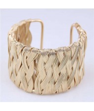 Weaving Pattern Super Wide Design Open Style Alloy Women Bangle - Golden