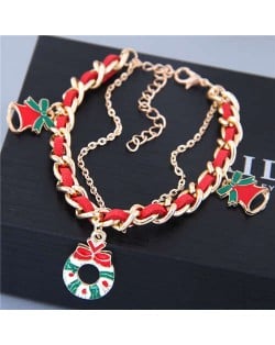 Christmas Flower Hoop and Bell Pendants Leather and Alloy Mix Chain Fashion Bracelet