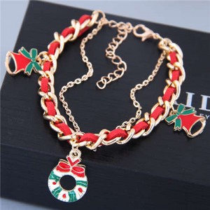 Christmas Flower Hoop and Bell Pendants Leather and Alloy Mix Chain Fashion Bracelet