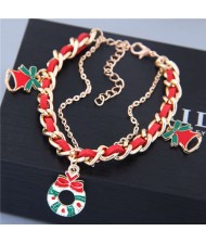 Christmas Flower Hoop and Bell Pendants Leather and Alloy Mix Chain Fashion Bracelet