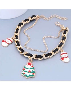 Christmas Tree and Snowman Pendants Alloy and Leather Mix Chain Fashion Bracelet