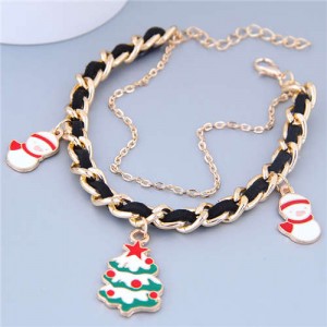 Christmas Tree and Snowman Pendants Alloy and Leather Mix Chain Fashion Bracelet