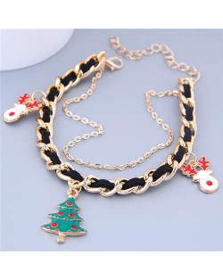 Christmas Tree and Deer Pendants Alloy and Leather Mix Chain Fashion Bracelet