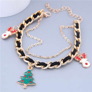 Christmas Tree and Deer Pendants Alloy and Leather Mix Chain Fashion Bracelet