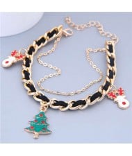 Christmas Tree and Deer Pendants Alloy and Leather Mix Chain Fashion Bracelet