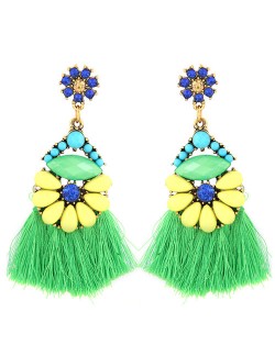 Resin Gems Floral Design High Fashion Women Cotton Threads Tassel Earrings - Green