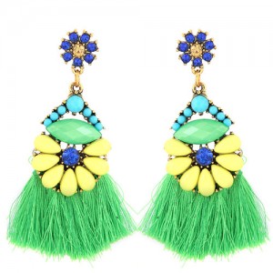 Resin Gems Floral Design High Fashion Women Cotton Threads Tassel Earrings - Green