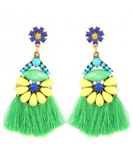 Resin Gems Floral Design High Fashion Women Cotton Threads Tassel Earrings - Green