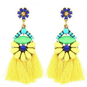 Resin Gems Floral Design High Fashion Women Cotton Threads Tassel Earrings - Yellow