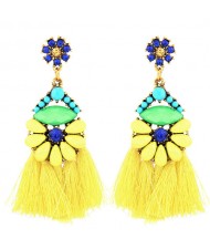 Resin Gems Floral Design High Fashion Women Cotton Threads Tassel Earrings - Yellow