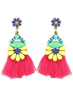 Resin Gems Floral Design High Fashion Women Cotton Threads Tassel Earrings - Yellow