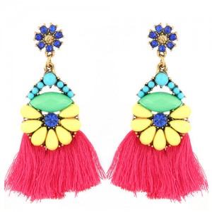 Resin Gems Floral Design High Fashion Women Cotton Threads Tassel Earrings - Rose