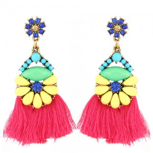 Resin Gems Floral Design High Fashion Women Cotton Threads Tassel Earrings - Rose