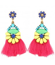 Resin Gems Floral Design High Fashion Women Cotton Threads Tassel Earrings - Rose