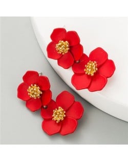 Romantic Dual Flower Cluster Women Tassel Earrings - Red