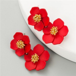 Romantic Dual Flower Cluster Women Tassel Earrings - Red