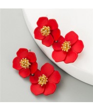Romantic Dual Flower Cluster Women Tassel Earrings - Red