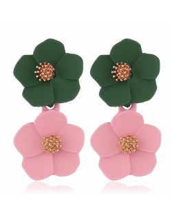 Romantic Dual Flower Cluster Women Tassel Earrings - Green and Pink