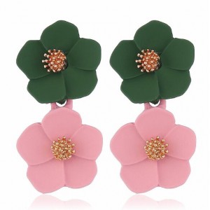 Romantic Dual Flower Cluster Women Tassel Earrings - Green and Pink
