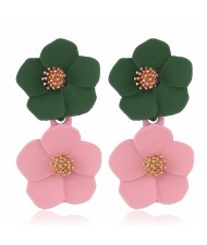 Romantic Dual Flower Cluster Women Tassel Earrings - Green and Pink