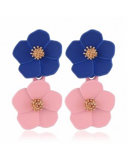 Romantic Dual Flower Cluster Women Tassel Earrings - Blue and Pink