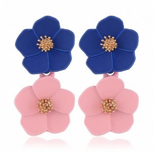 Romantic Dual Flower Cluster Women Tassel Earrings - Blue and Pink