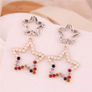 Pearl and Rhinestone Decorated Hollow-out Star Earrings