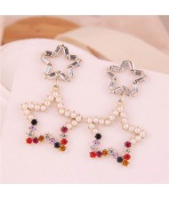Pearl and Rhinestone Decorated Hollow-out Star Earrings
