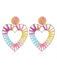Threads Weaving Hollow Heart Design Women Fashion Statement Earrings - Light Multicolor